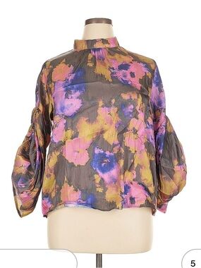 crosby. Mock-Neck Watercolor Floral Blouse in Purple, Pink, Gold